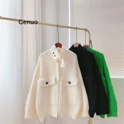 Women Fashion Oversized Jacket Women Girl Fall Winter Full Sleeve Knitted sweaters Jacket Stand Neck Basic Knitwear Short Coats
