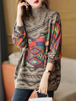Amax luluE Fall Fashion Turtleneck Sweaters Womens Loose Casual Printed Knitted Pullover Clothes Vintage Luxury Jumpers Knitwear