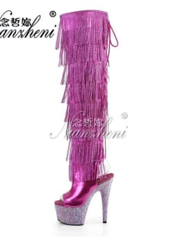 Gold Gothic Stripper Heels Over The Knee Boots 7Inch Fringe Rhinestone High Heels Exotic Dancer 17cm Over The Knee Boots Catwalk