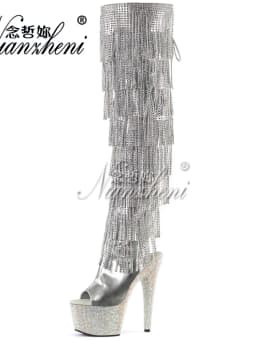 Gold Gothic Stripper Heels Over The Knee Boots 7Inch Fringe Rhinestone High Heels Exotic Dancer 17cm Over The Knee Boots Catwalk