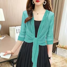Women's Sheer Glitter Lace-up Cardigan Lightweight Jacket Half Sleeve Summer See-through Loose Blouse Women