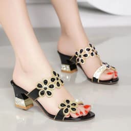 2024 New Summer Glitter Women Sandals Fashion Outdoor Peep Toe Casual Beach Slippers Thick Heel Slip on Rhinestone Sandals