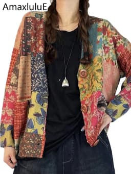 Amax luluE Winter Vintage Printed V-Neck Sweaters Womens Loose Leisure Cardigans Gothic Females Harajuku Pocket Floral Clothing