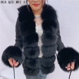 HU QIU MEI SI Women Real Fox Fur Knitted Cardigan Woolen Sweater with Real Fox Fur Collar and Raccoon Fur Collar Cardigan