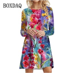 Tie Dye Gradient Print Dress Women Plant Flowers Long Sleeve Loose Dress Autumn Winter Casual Oversized Clothing Female Vestidos