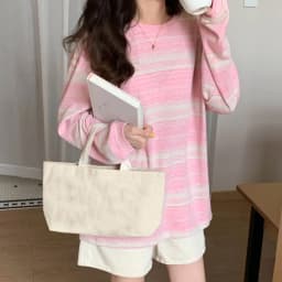 Stripe Pink Cotton Long Sleeve T-shirt Girl's Oversize Shirt Spring and Autumn 2022 New Design Loose Top