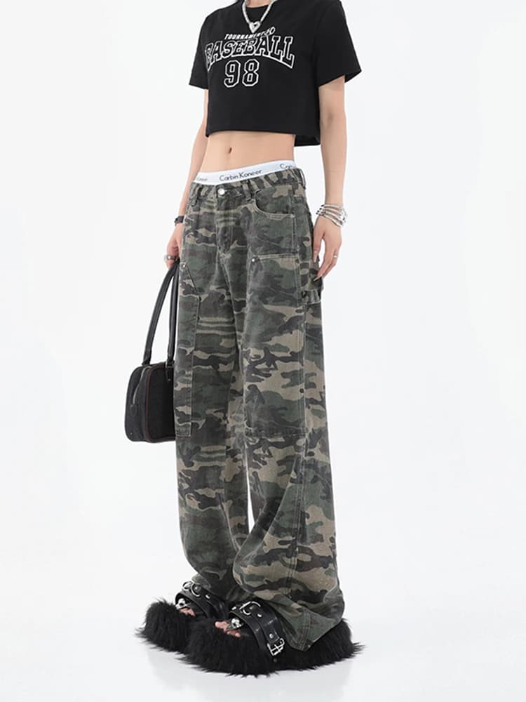 Y2k Streetwear Camouflage Jeans Woman High Waist Cargo Pants Straight Jeans Fashion Straight Baggy Pants Casual Denim Trousers