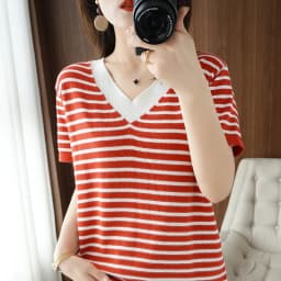 new summer cotton striped short sleeve T shirt women loose versatile T-shirt Korean version half sleeve V collar bottom shirt
