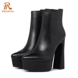 PRXDONG Brand Genuine Leather Women's Ankle Boots Sexy High Heels Thick Platform Black Beige Dress Party Office Lady SHoes 34-40