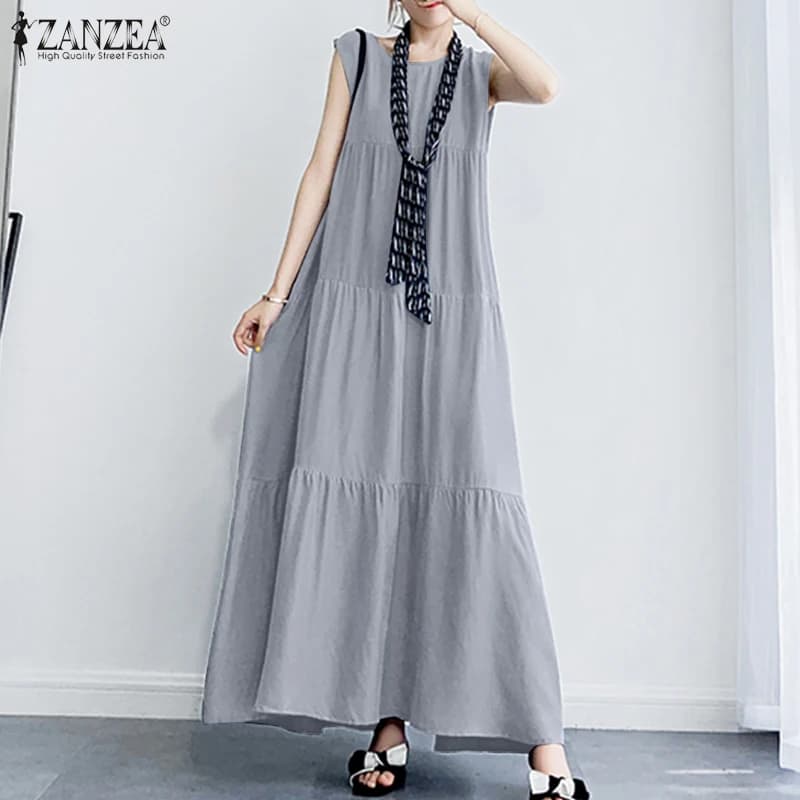 ZANZEA 2023 Stylish Women's Ruffle Sundress Solid Summer Dress Casual Sleeveless Maxi Vestidos Female O neck Robe Oversized
