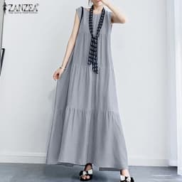 ZANZEA 2023 Stylish Women's Ruffle Sundress Solid Summer Dress Casual Sleeveless Maxi Vestidos Female O neck Robe Oversized