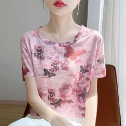 Spring And Summer New Round Neck Knitted Short Sleeve T-shirt Women's Printed Loose Bottoming Top