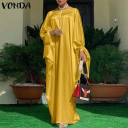 2023 Women VONDA Summer Party Dress Vintage Floral Printed Casual Loose Bohemian Beach Sundress Long Sleeve Satin Maxi Vestidos