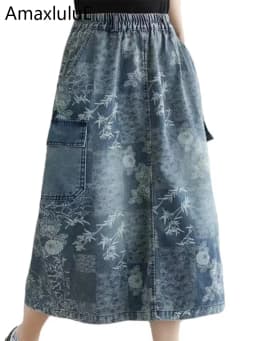Amax luluE British 2024 Summer New Fashion Women Denim Printed Skirts Ladies Elastic Loose Skirt Female Casual Vintage Clothing