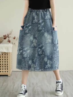 Amax luluE British 2024 Summer New Fashion Women Denim Printed Skirts Ladies Elastic Loose Skirt Female Casual Vintage Clothing