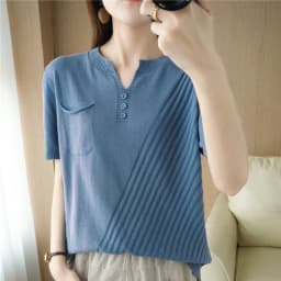 100% cotton summer V-neck short-sleeved knitted T-shirt Ladies casual loose half-sleeved top solid color wild pullover
