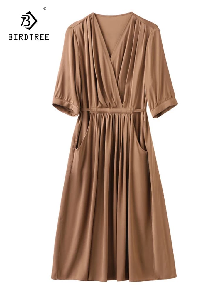 Birdtree 19MM 91.8% Real Silk 8.2% Spandex Dress 2026 Autumn New V-neck Style Versatile Elegant Dresses For Women D39751QC