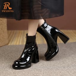 PRXDONG New Women's Square High Heels Genuine Cow Leather Luxury Shoes Fashion Comfortable Round Toe Ankle Boots Autumn Winter