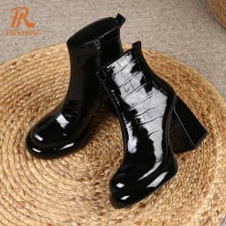 PRXDONG New Women's Square High Heels Genuine Cow Leather Luxury Shoes Fashion Comfortable Round Toe Ankle Boots Autumn Winter