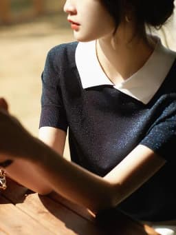 Summer all-match bright collar ice silk knit short sleeve cotton thread half sleeve thin loose T shirt for women slim top