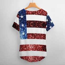 American Flag Red Blue T-Shirts Faux Sparkles Glitters Trendy Casual V Neck T Shirt Short Sleeve Kawaii Oversize Tees Print Tops