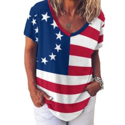 American Flag Red Blue T-Shirts Faux Sparkles Glitters Trendy Casual V Neck T Shirt Short Sleeve Kawaii Oversize Tees Print Tops