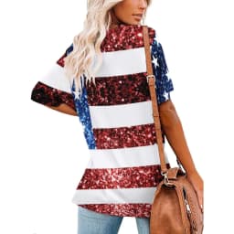 American Flag Red Blue T-Shirts Faux Sparkles Glitters Trendy Casual V Neck T Shirt Short Sleeve Kawaii Oversize Tees Print Tops