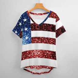 American Flag Red Blue T-Shirts Faux Sparkles Glitters Trendy Casual V Neck T Shirt Short Sleeve Kawaii Oversize Tees Print Tops