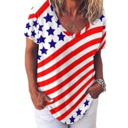 American Flag Red Blue T-Shirts Faux Sparkles Glitters Trendy Casual V Neck T Shirt Short Sleeve Kawaii Oversize Tees Print Tops