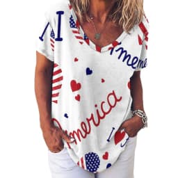 American Flag Red Blue T-Shirts Faux Sparkles Glitters Trendy Casual V Neck T Shirt Short Sleeve Kawaii Oversize Tees Print Tops