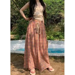 Lucyever Vintage Y2K Plaid Skirts Women Harajuku Streetwear Drawstring Long Skirt Woman Summer Elastic High Waist A-Line Skirts