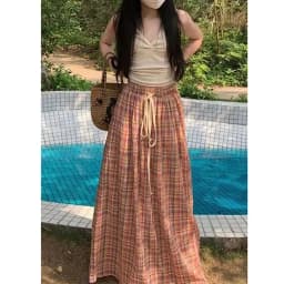 Lucyever Vintage Y2K Plaid Skirts Women Harajuku Streetwear Drawstring Long Skirt Woman Summer Elastic High Waist A-Line Skirts