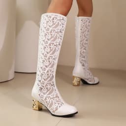 Plus Size Breathable Lace Mesh Patchwork PU Breathable Summer Women's Knee Boots Metal Thick Heels Zipper Sweet Boots