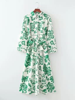 Summer Women Vintage Totem Floral Print Dress With Bow Female Sashes Midi Shirt Dress Chic Casual Slim Dresses Vestido