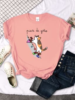 Cat Rock Climbing Cute Print T-Shirt Womens Kawaii Cartoon Graphic Tops Females Korean Fashion Oversize Harajuku Girls Tshirts