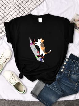 Cat Rock Climbing Cute Print T-Shirt Womens Kawaii Cartoon Graphic Tops Females Korean Fashion Oversize Harajuku Girls Tshirts
