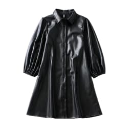 KEYANKETIAN Women's Faux Leather Dress Fall New Puff Sleeve Lapel Black PU Leather Three-quarter Sleeve A-Line Mini Skirt