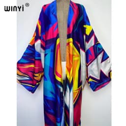 WINYI bright Geometric printing sweet lady beach Cardigan Cover-up stitch Cocktail Boho Maxi Holiday party long Sleeve kimono