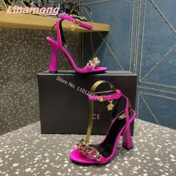 Round Toe Luxury Design Sandals 2024 Summer New Women Solid Thin High Heel Leather Sexy Luxury Metal Chain Wedding Party Shoes