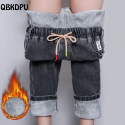 Winter Baggy Warm Fleece Lined Jeans Women Vintage Lace Up Harem Denim Pants Ankle-length Vaqueros Thicken Kot Pantalones New