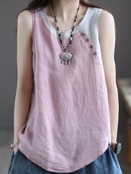 Amax luluE Summer Design Style Clothes Womens Pink Casual Tank Ladies Cotton Linen T-shirts Girl Buttons Vintage Tops Big Size