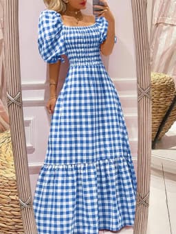 VONDA 2026 Summer Women Maxi Dress Casual Short Sleeve Square Collar Vintage Plaid Party Bohemian Vestidos Loose Long Sundress