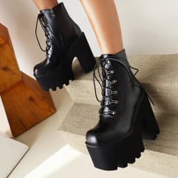 Stone Pattern Fashion Lace-Up Thick-Heeled Thick-Soled Motorcycle Boots Ultra-High Waterproof Platform Side Zipper Women's Shoes