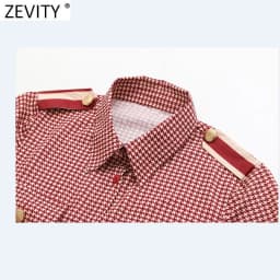 Zevity Women Vintage Red Houndstooth Print Patchwork Casual Smock Blouse Office Lady Pocket Patch Shirts Chic Blusas Tops LS9341
