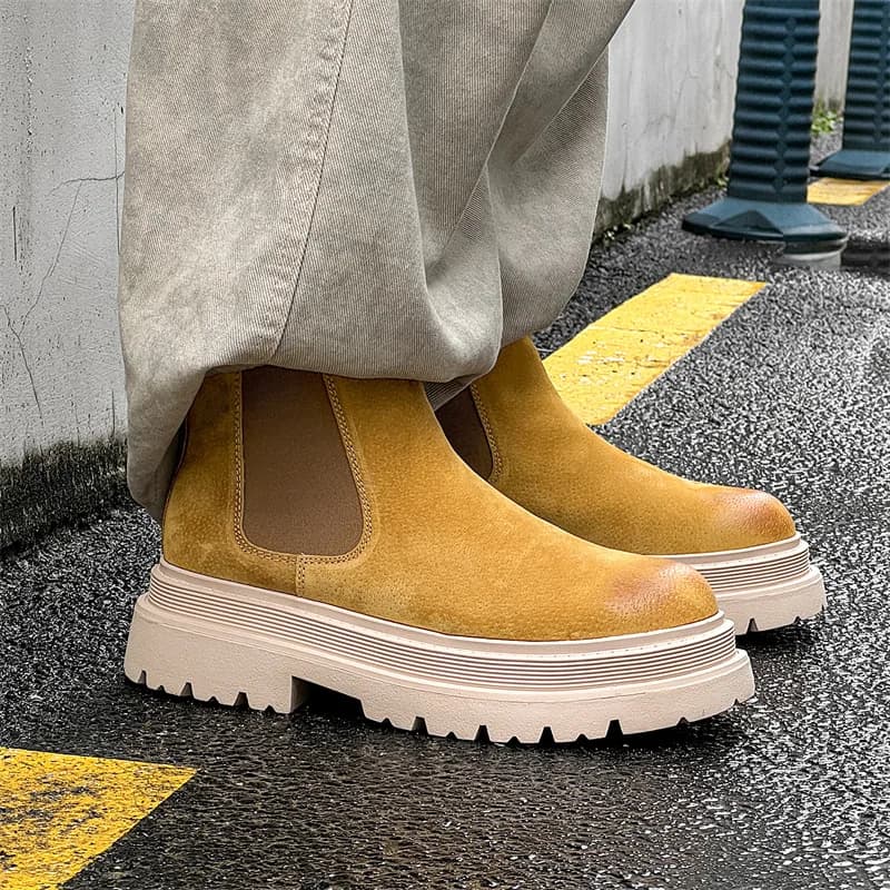 men's leisure punk party dress chelsea boots yellow genuine leather shoes high top cowboy platform boot handsome ankle botas man