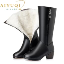 AIYUQI Women winter boots 2026 genuine leather female motorcycle boots big size 35-43 warm wool boots women Police boots