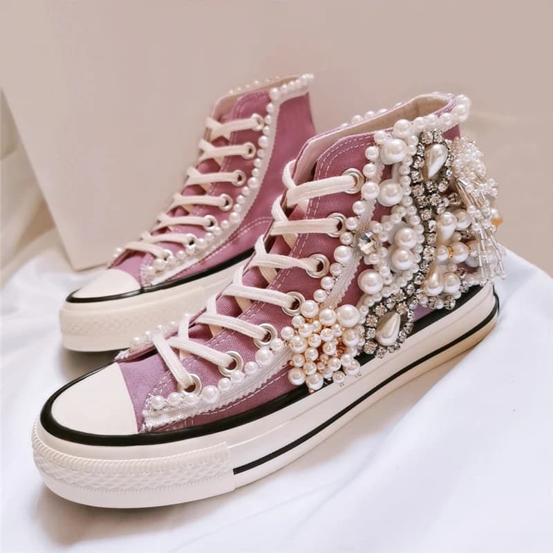 Women's Shoes New Spring Autumn Shoes 3D Handmade Pearl Canvas Shoes Women's Casual Shoes Purple