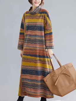 Amax luluE Women Casual Loose Bohemia Vestidos 2024 Spring British Style Vintage Striped Elegant Dress Turtleneck Design Dresses