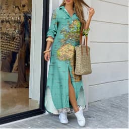 Women's Long Dresses Cross-Border World Map Pattern Printing Lapel Shirt Fashion Plus Size Maxi Dress Womens Clothing Vestido