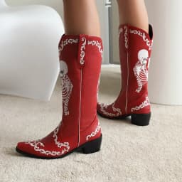 Plus Size Embroidered Skull Pattern Punk Style Women's Mid Boots Pointed Toe Chunky Heel Plush Embroidered Slip-On Boots